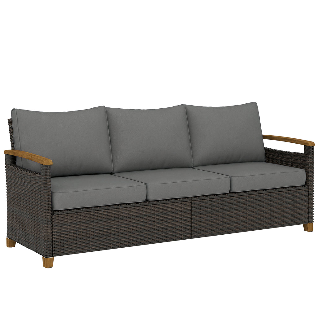 3 Seater Outdoor Couch Sofa, PE Wicker Patio Sofa, Wide Deep Seat, 4" Cushions, Wood-Effect Armrests Legs, Gray