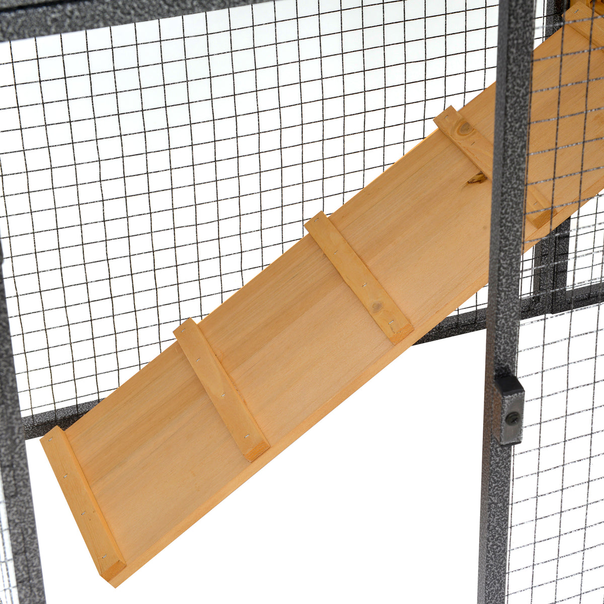 Outdoor Rabbit Cage Elevated Pet House w/ Slide-Out Tray, Natural Wood & Black