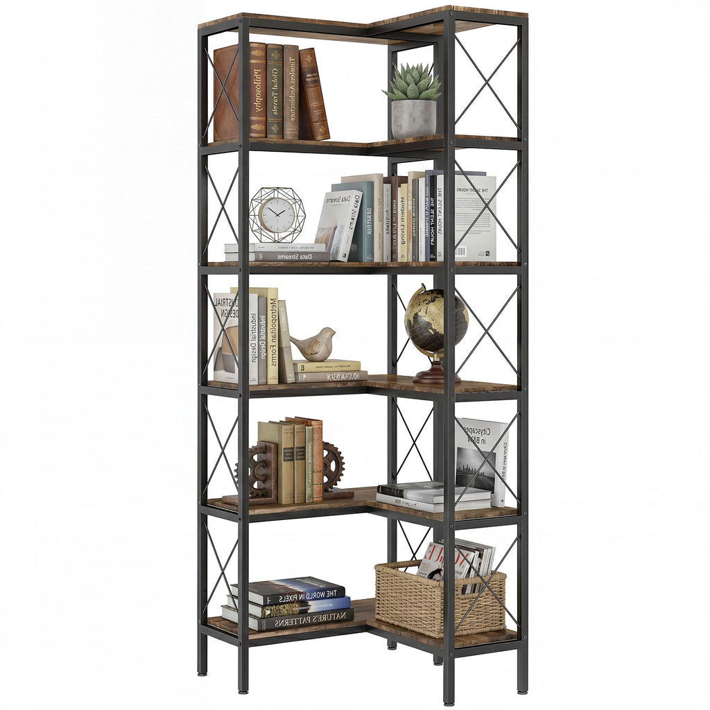 5-Tier L-Shaped Bookshelf, Freestanding Bookcase with Metal Frame, Rustic Brown