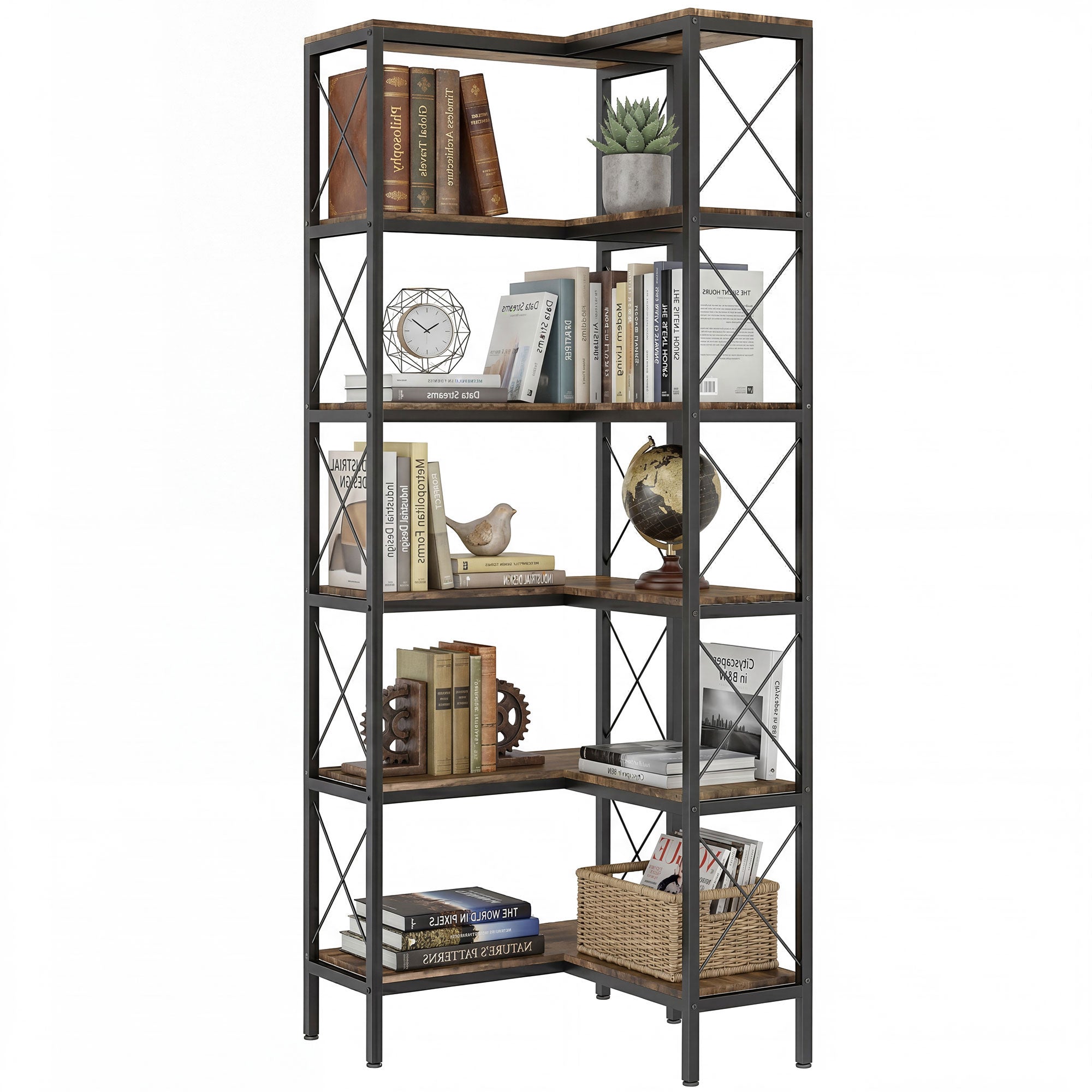 5-Tier L-Shaped Bookshelf, Freestanding Bookcase with Metal Frame, Rustic Brown