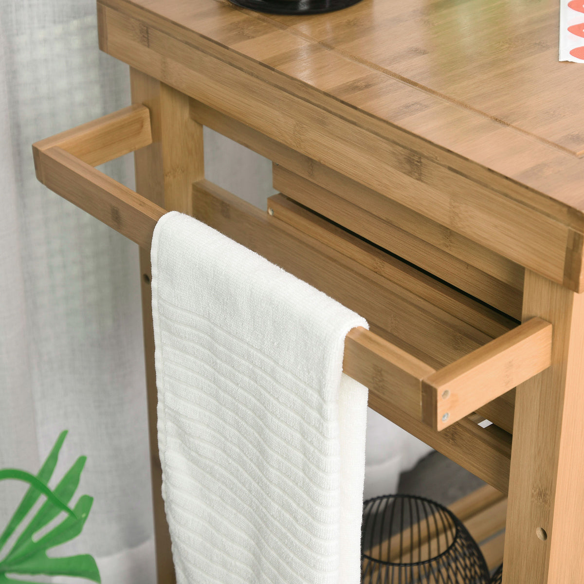 Bamboo Kitchen Island Cart on Wheels, Utility Trolley Cart with 2 Storage Drawers and Open Shelves, Bamboo Tone