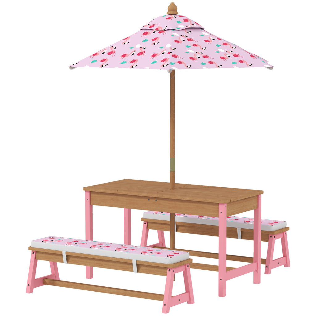 Kids Picnic Table Set with Foldable Umbrella, Removable Cushions & Boxes, Flamingo Theme, Pink