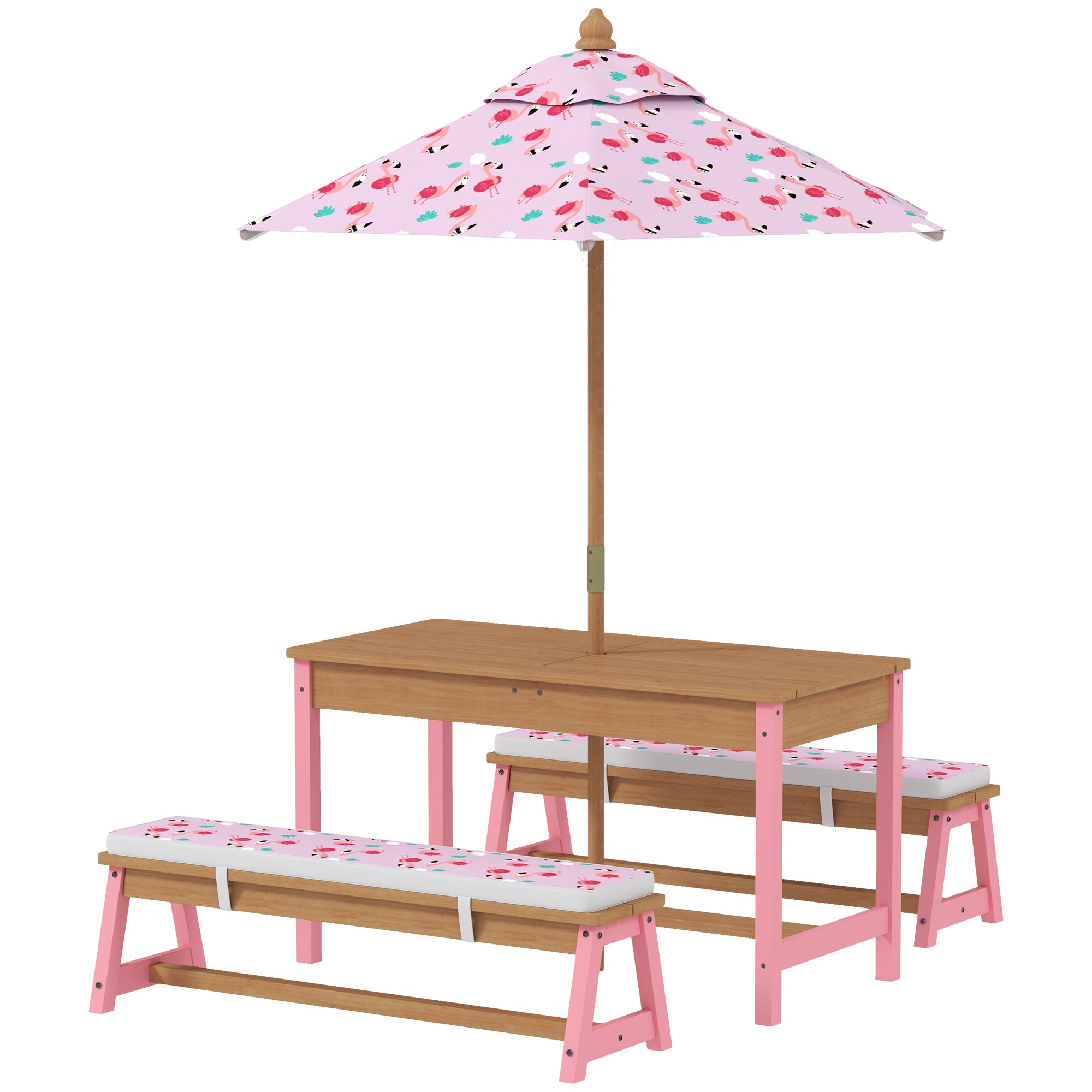 Kids Picnic Table Set with Foldable Umbrella, Removable Cushions & Boxes, Flamingo Theme, Pink