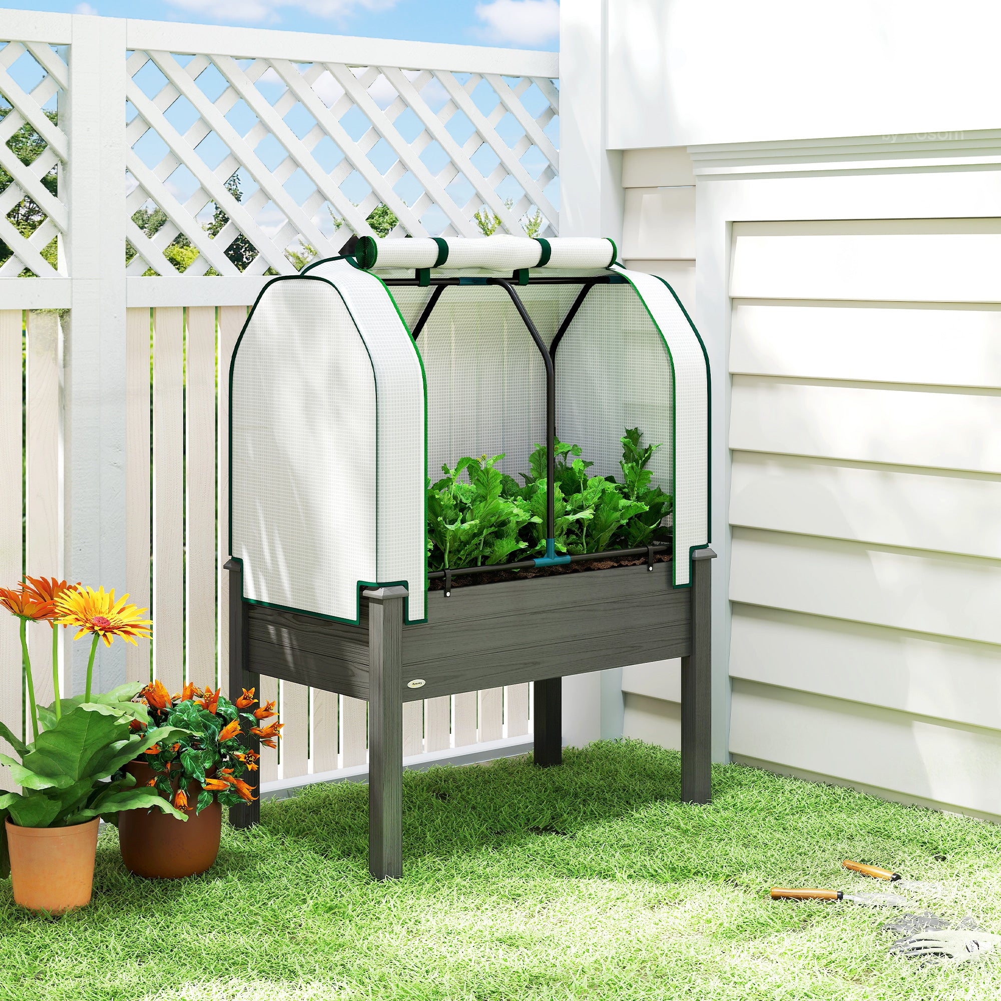 Raised Garden Bed with PE Greenhouse Cover Outdoor Planter Box for Herbs and Vegetables, 35 x 22 x 47 inch, Dark Gray