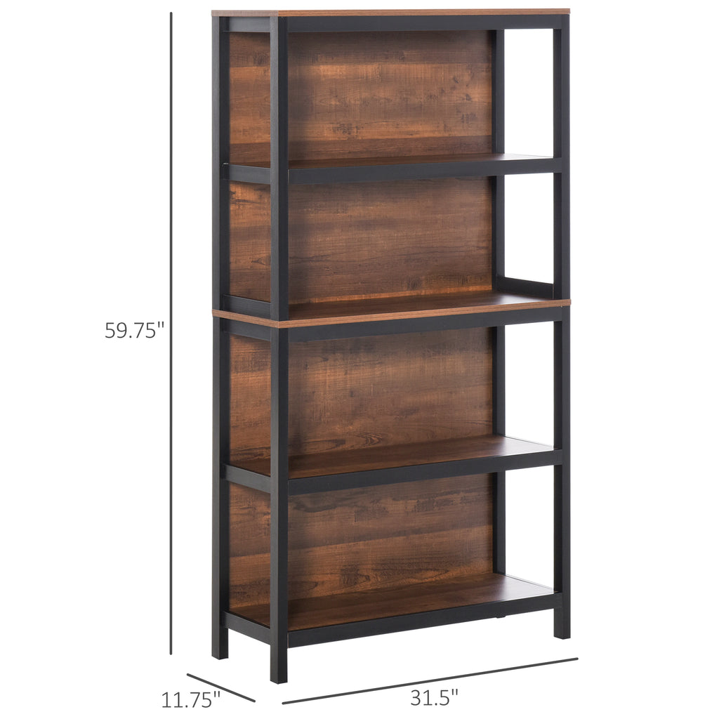 Shelves for Storage, 4 Tier Bookshelf Utility Organizer with Back Support and Anti-Topple Design, Walnut/Black