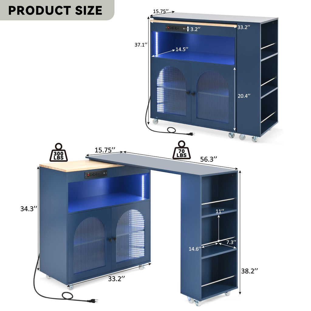 LED Kitchen Island with Extended Table, Power Outlets, Storage Shelves, Utility Cart with Fluted Glass Doors, 56.5" L x 33" W x 38" H, Navy Blue