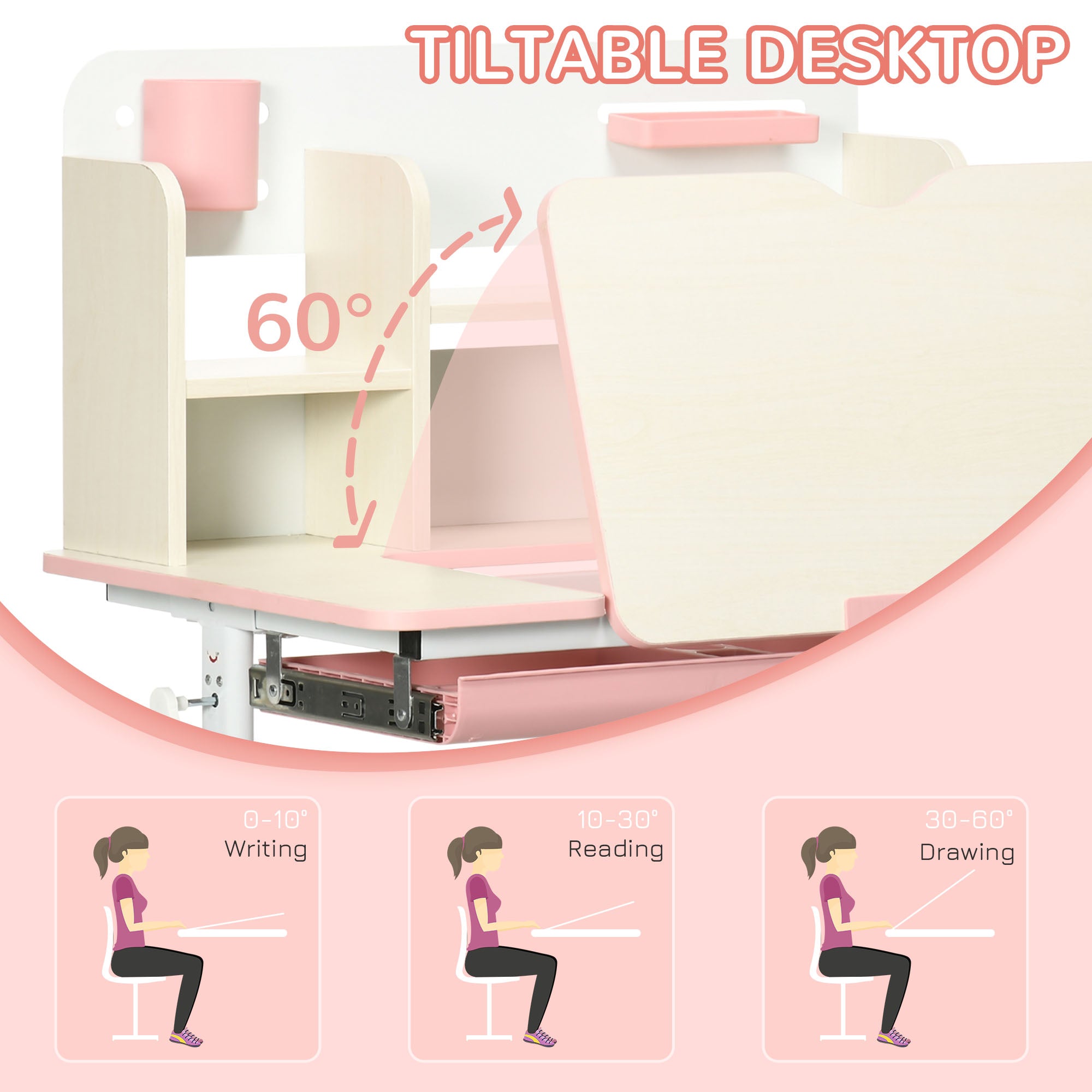 Wooden Kids Study Desk, Height Adjustable Children School Study Table, Student Writing Desk with Tilt Desktop, Drawer, Storage Shelf, Pen Holder, Pink