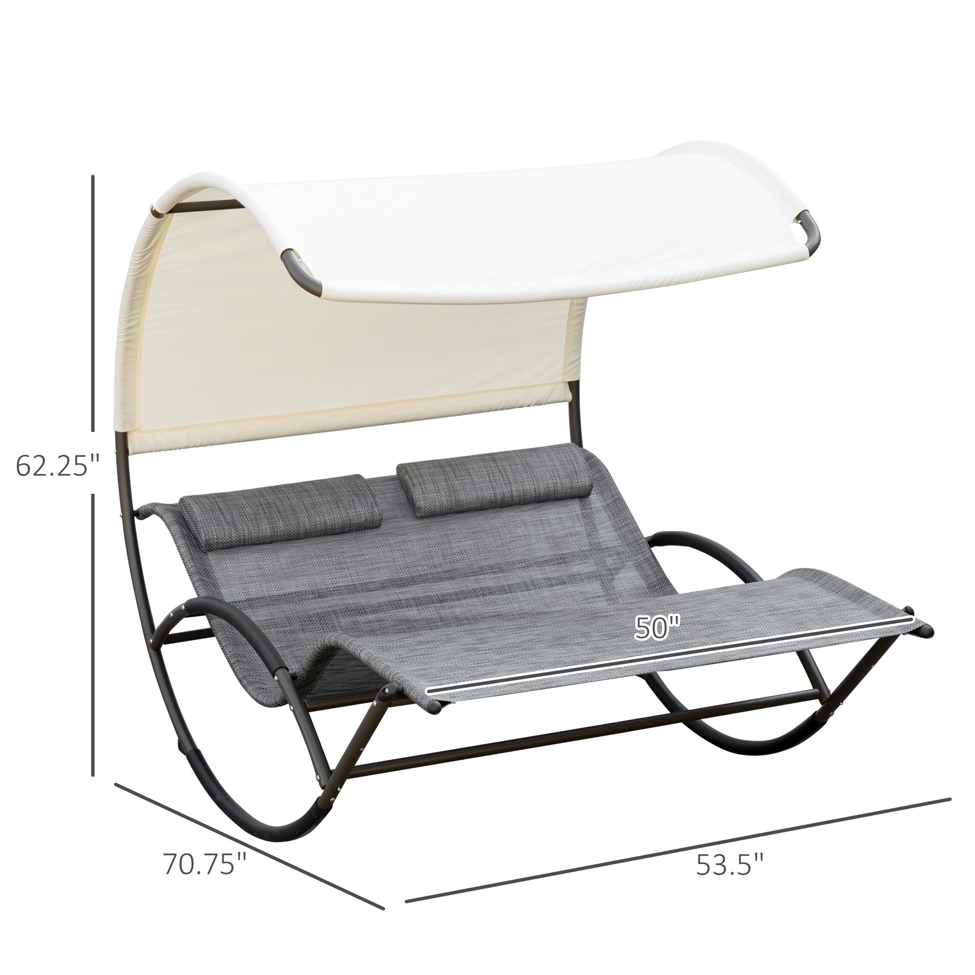 Outdoor Double Chaise Rocking Chair, Day Bed Sun Lounger with Canopy Shade, Headrest Pillow, Armrests for Garden, Poolside, Light Gray