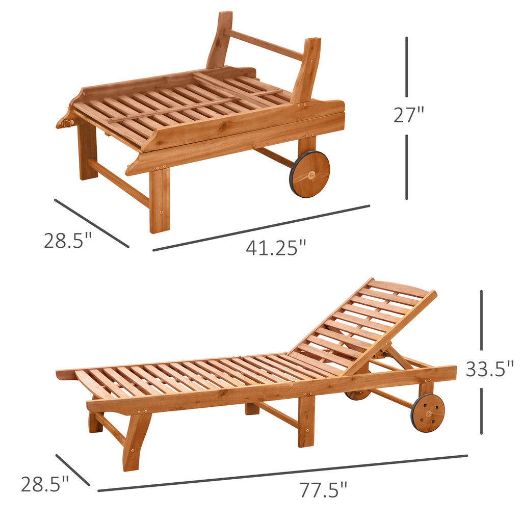 Outdoor Folding Chaise Lounge Chair Recliner with Wheels, Acacia Wood Frame - Teak Color