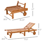 Outdoor Folding Chaise Lounge Chair Recliner with Wheels, Acacia Wood Frame - Teak Color