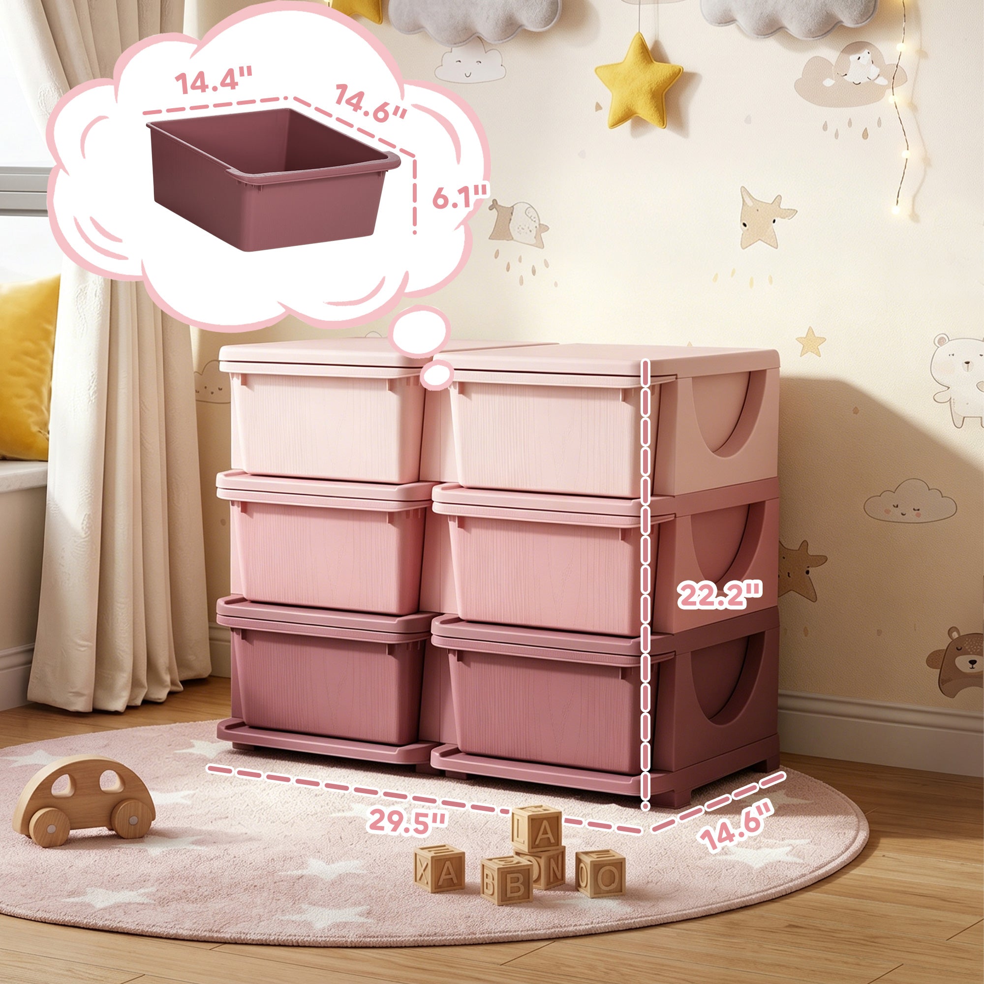 3 Tier Kids Storage Organizer with 6 Drawers for Bedroom, Nursery, Kindergarten, Living Room, Boys and Girls, Pink