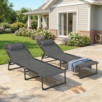 2 Folding Chaise Lounge Pool Chairs with 4-Position Reclining Back, Pillow, Breathable Mesh & Bungee Seat, Gray
