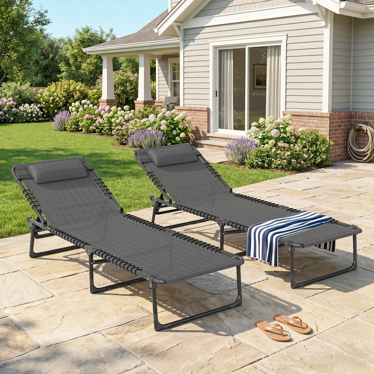 2 Folding Chaise Lounge Pool Chairs with 4-Position Reclining Back, Pillow, Breathable Mesh & Bungee Seat, Gray