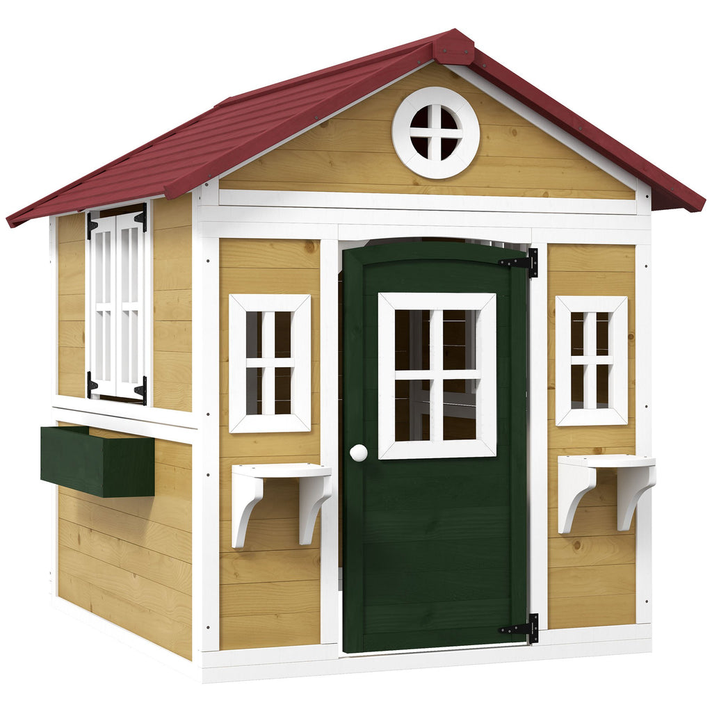 Wooden Playhouse for Kids Outdoor with Doors, Windows, Planter Pots and Boxes for Toddlers 3-8 Years, Beige
