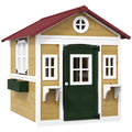 Wooden Playhouse for Kids Outdoor with Doors, Windows, Planter Pots and Boxes for Toddlers 3-8 Years, Beige