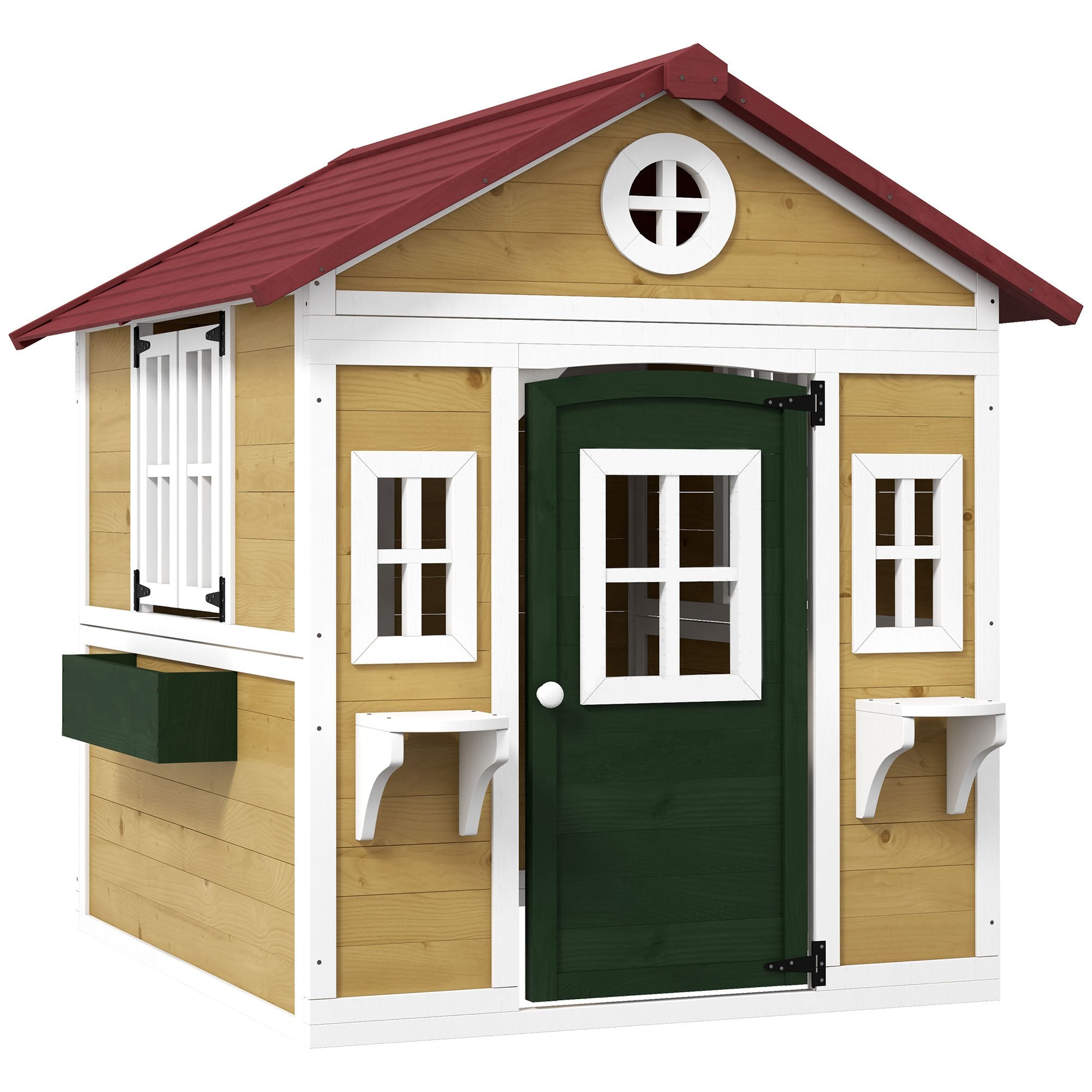 Wooden Playhouse for Kids Outdoor with Doors, Windows, Planter Pots and Boxes for Toddlers 3-8 Years, Beige