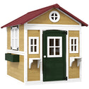 Wooden Playhouse for Kids Outdoor with Doors, Windows, Planter Pots and Boxes for Toddlers 3-8 Years, Beige