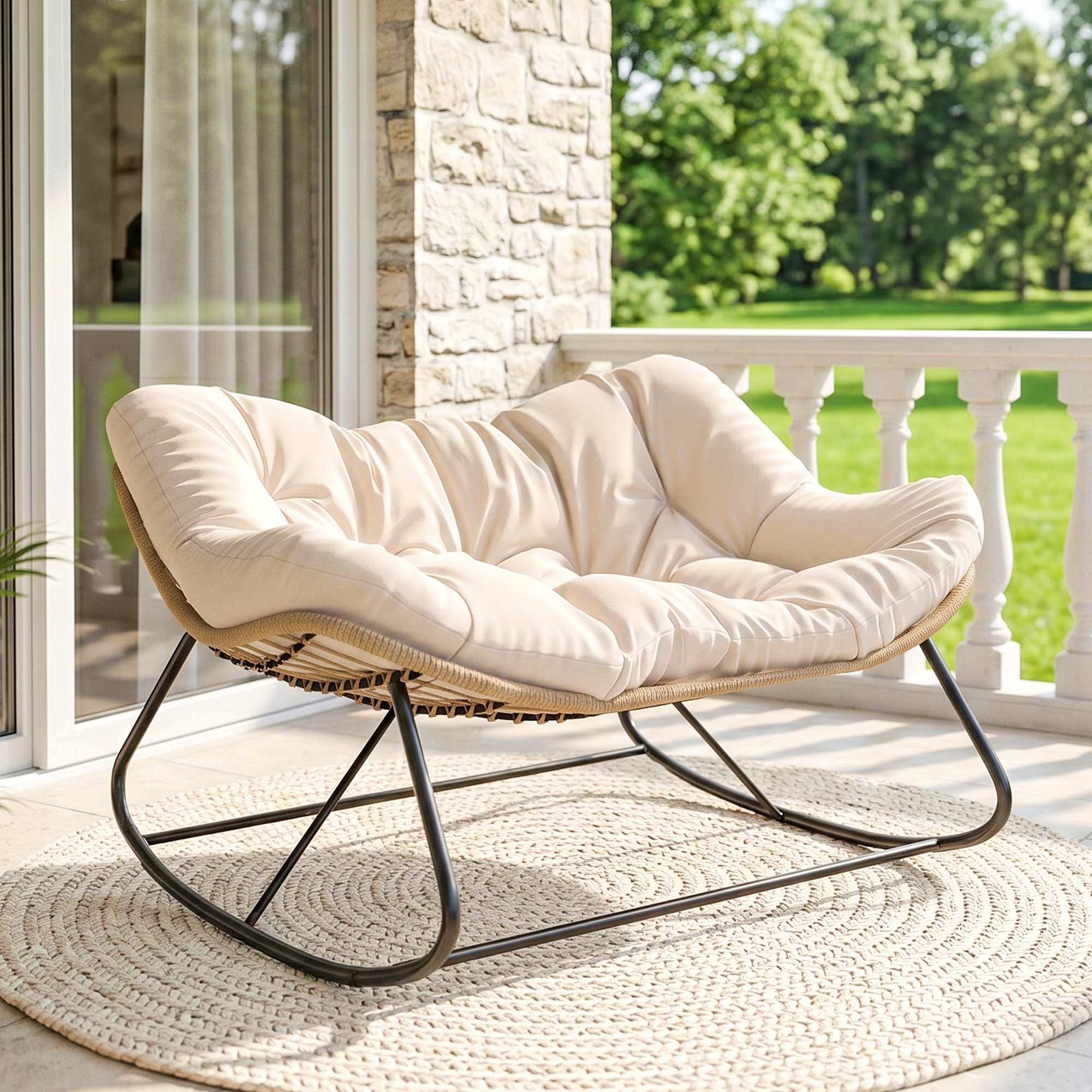 Indoor Outdoor Double Papasan Rocking Chair, Oversized Rocking Egg Chair with Cushion for Garden, Patio, Cream White