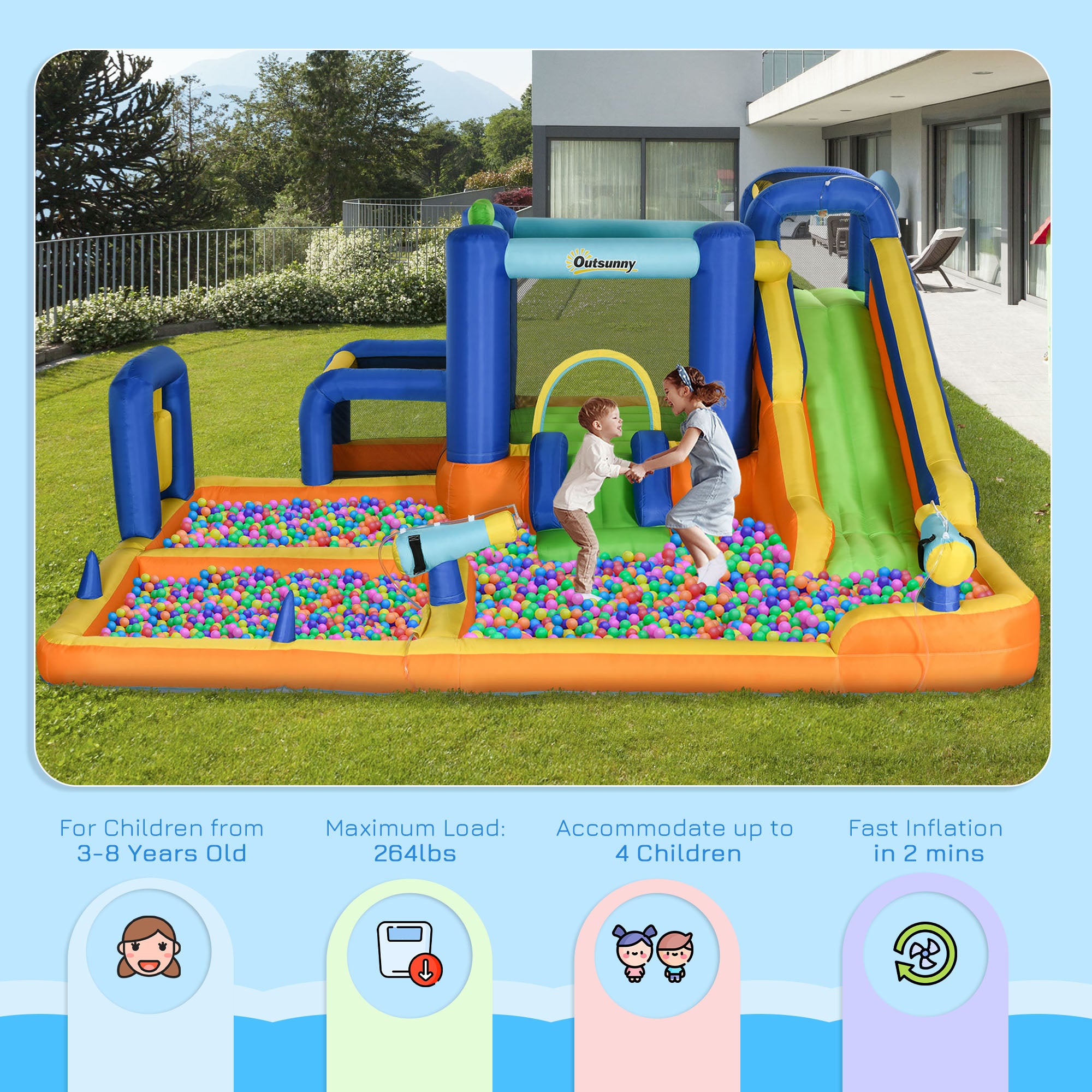 7 in 1 Water Slide w/ Slide Pool Climbing Wall Water Cannon Basketball Hoop Boxing Post Football Stand for 3-8 Years