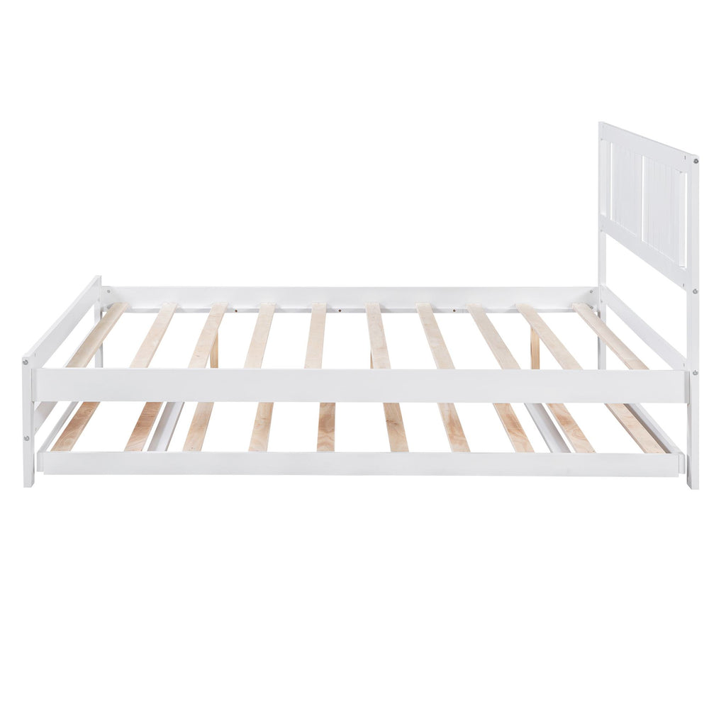 Full Size Platform Bed with Adjustable Trundle, Solid Pine Wood and MDF, 78" L x 97.5" W x 39.5" H, White