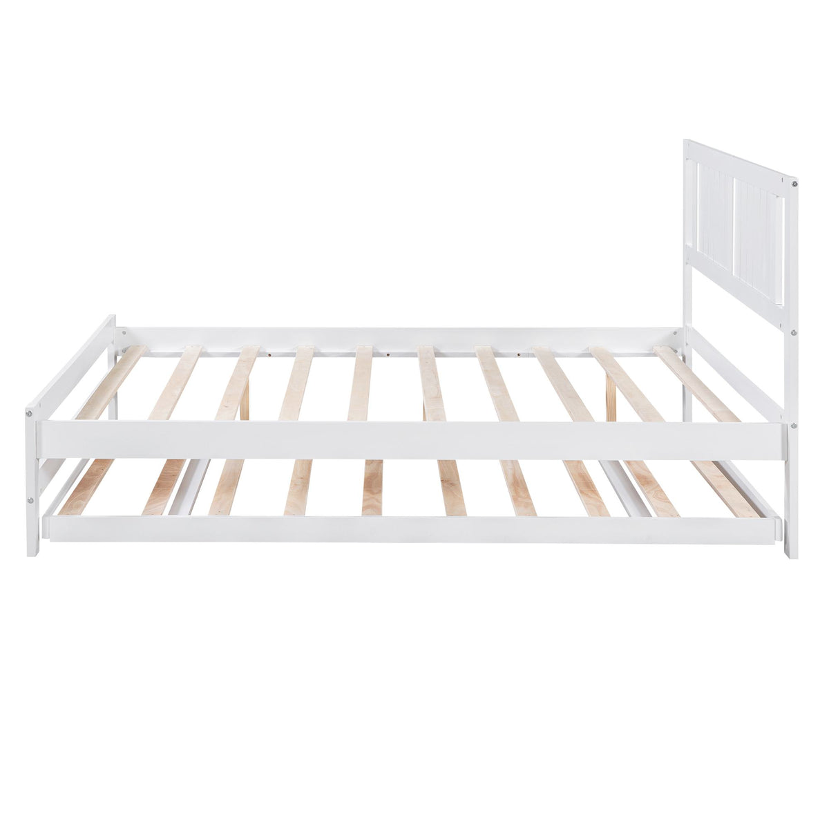 Full Size Platform Bed with Adjustable Trundle, Solid Pine Wood and MDF, 78" L x 97.5" W x 39.5" H, White