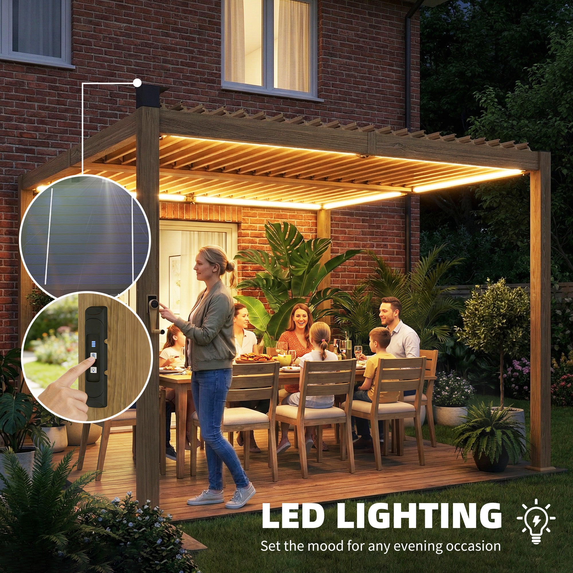 10' x 10' Louvered Pergola with Solar LED lights, Metal Roof, Outdoor Pergola Patio Gazebo with Drainage Gutters, Brown