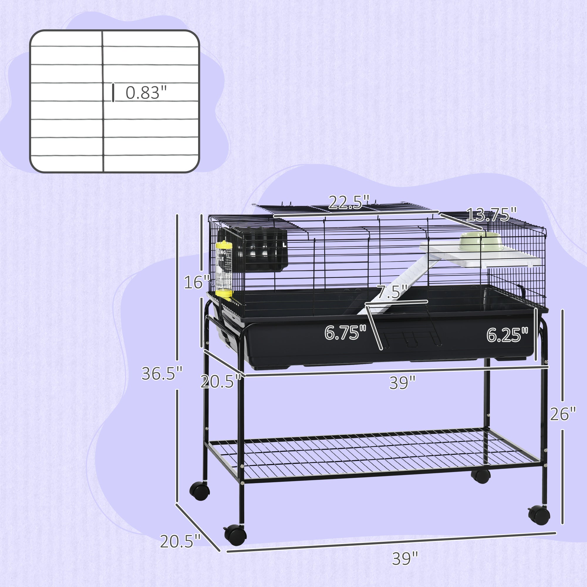 Two-Story Small Animal Cage Removable from Stand, Guinea Pig Cage with Shelf & Wheels, Pet Habitat for Hedgehog, Chinchilla, Ferret, 39" x 20.5" x 36.5", Black