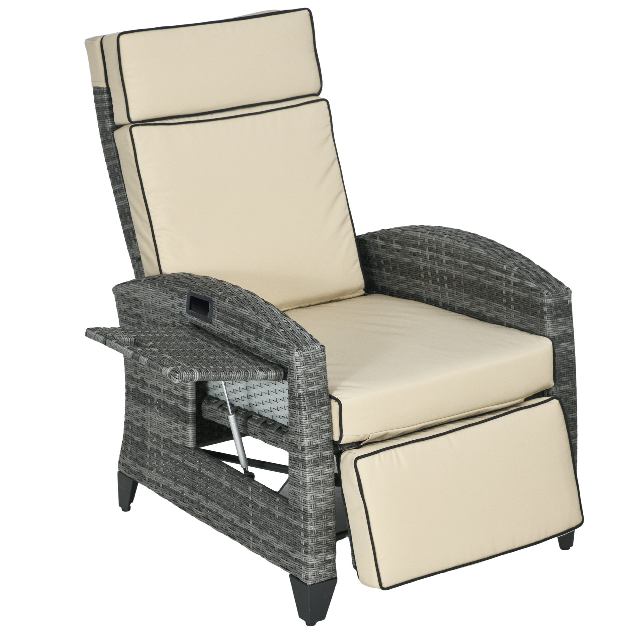 Outdoor Recliner Chair with Cushions, Reclining Patio Lounge Chair with Adjustable Footrest, Armrests, Tray Table, Khaki