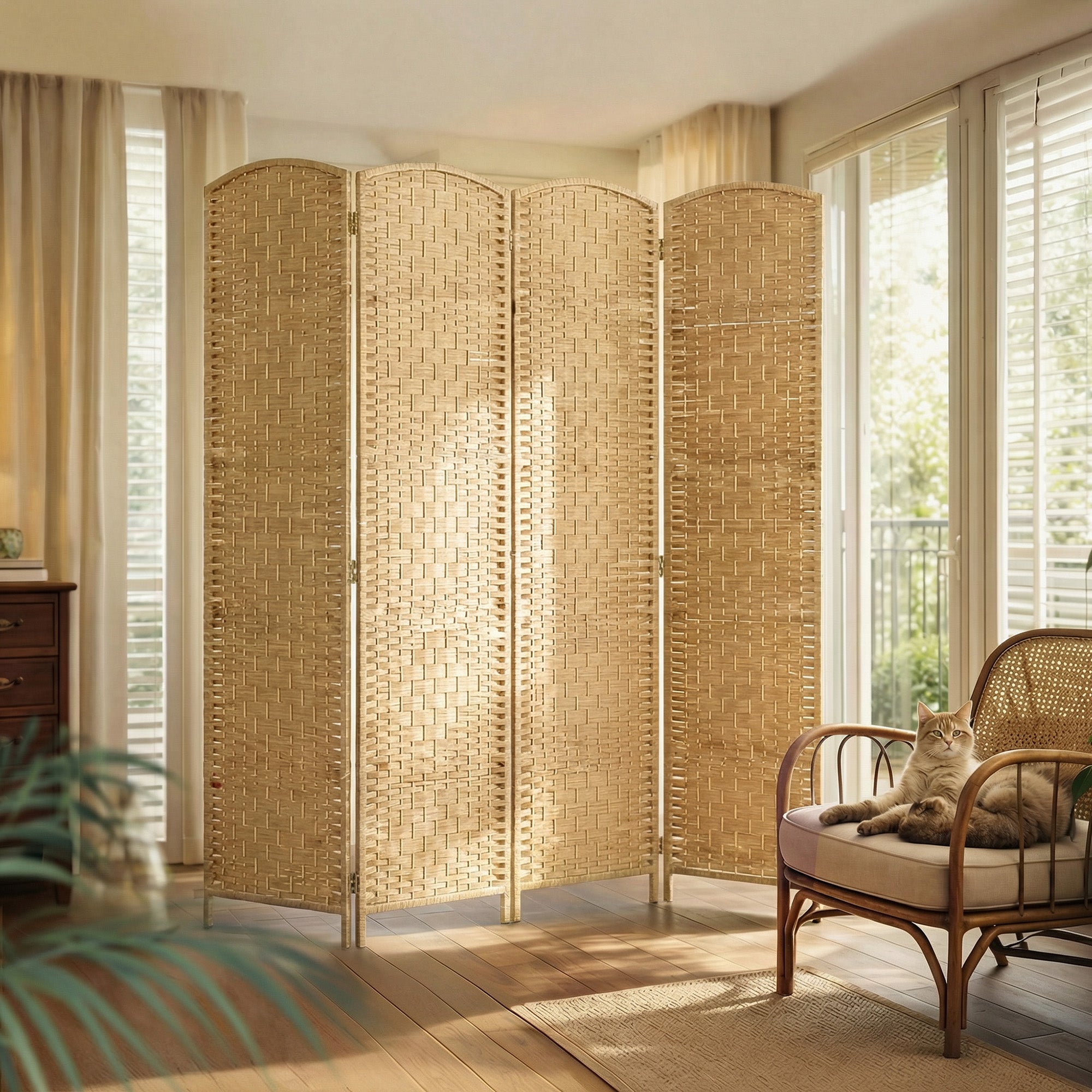 Folding Room Divider Screen 4 Panel 6' Tall Privacy Screen Freestanding Wood Partition for Home Office, Nature Wood