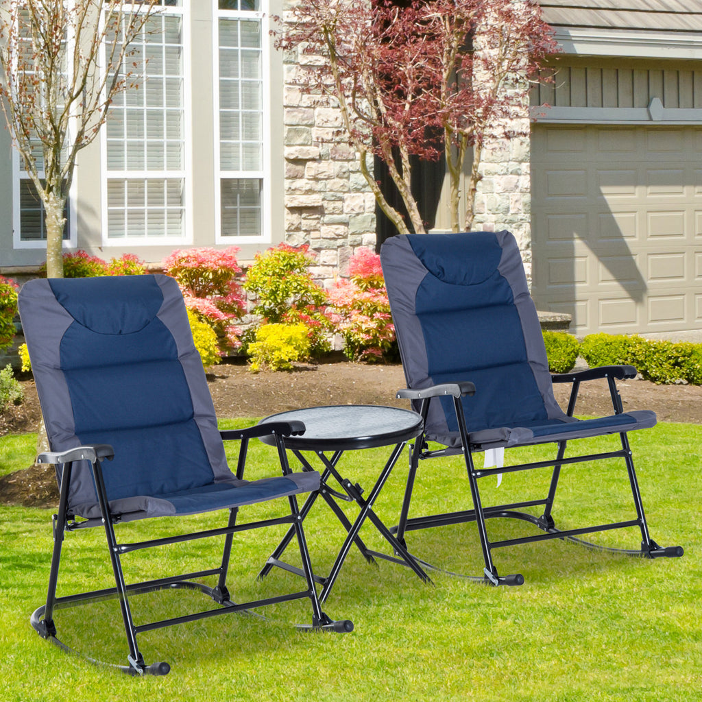 3 Piece Outdoor Folding Rocking Chair and Table Set - Blue and Gray