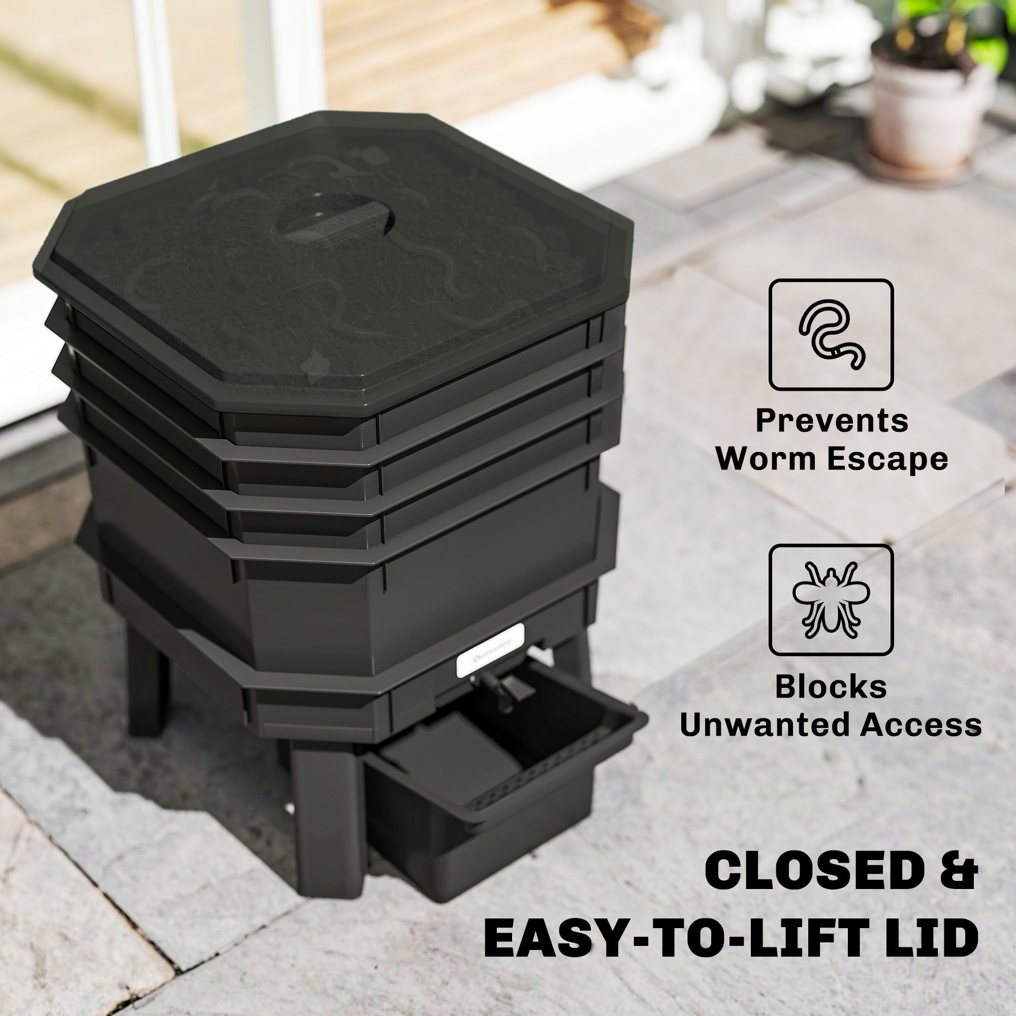 4-Tray Worm Composter Bin, 7.4 Gal Outdoor & Indoor Worm Composter for Recycling Food Waste, Black