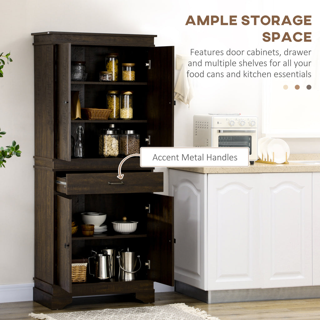 72" 4-Door Kitchen Pantry with Drawer and 3 Shelves, Walnut