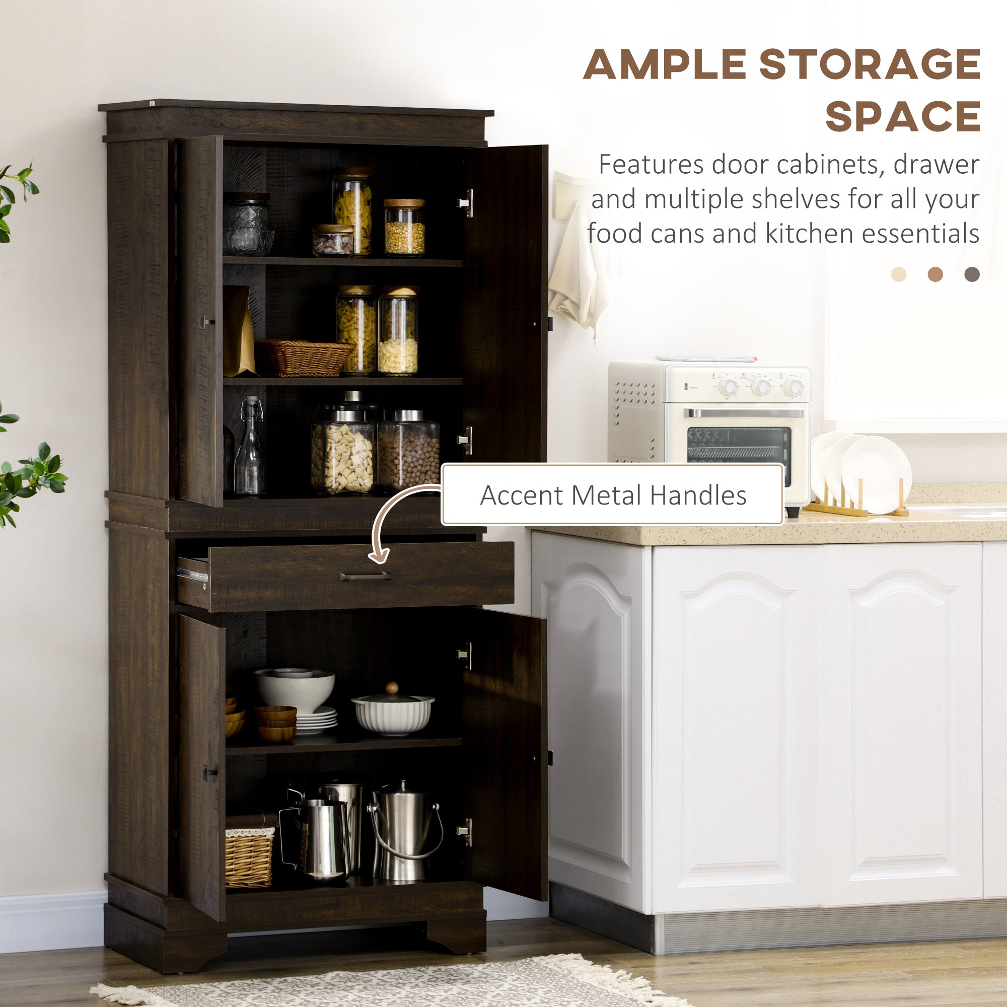 72" 4-Door Kitchen Pantry with Drawer and 3 Shelves, Walnut