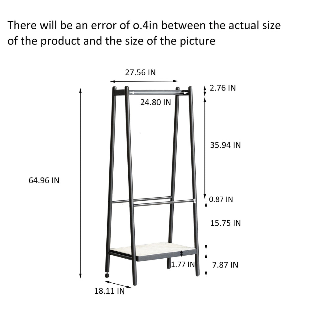 Solid Oak Clothes Rack with Handcrafted Rattan Hangers, Standing Garment Rack for Clothes, Bags & Shoes, 27.5″ L x 18″ W x 65″ H, Black