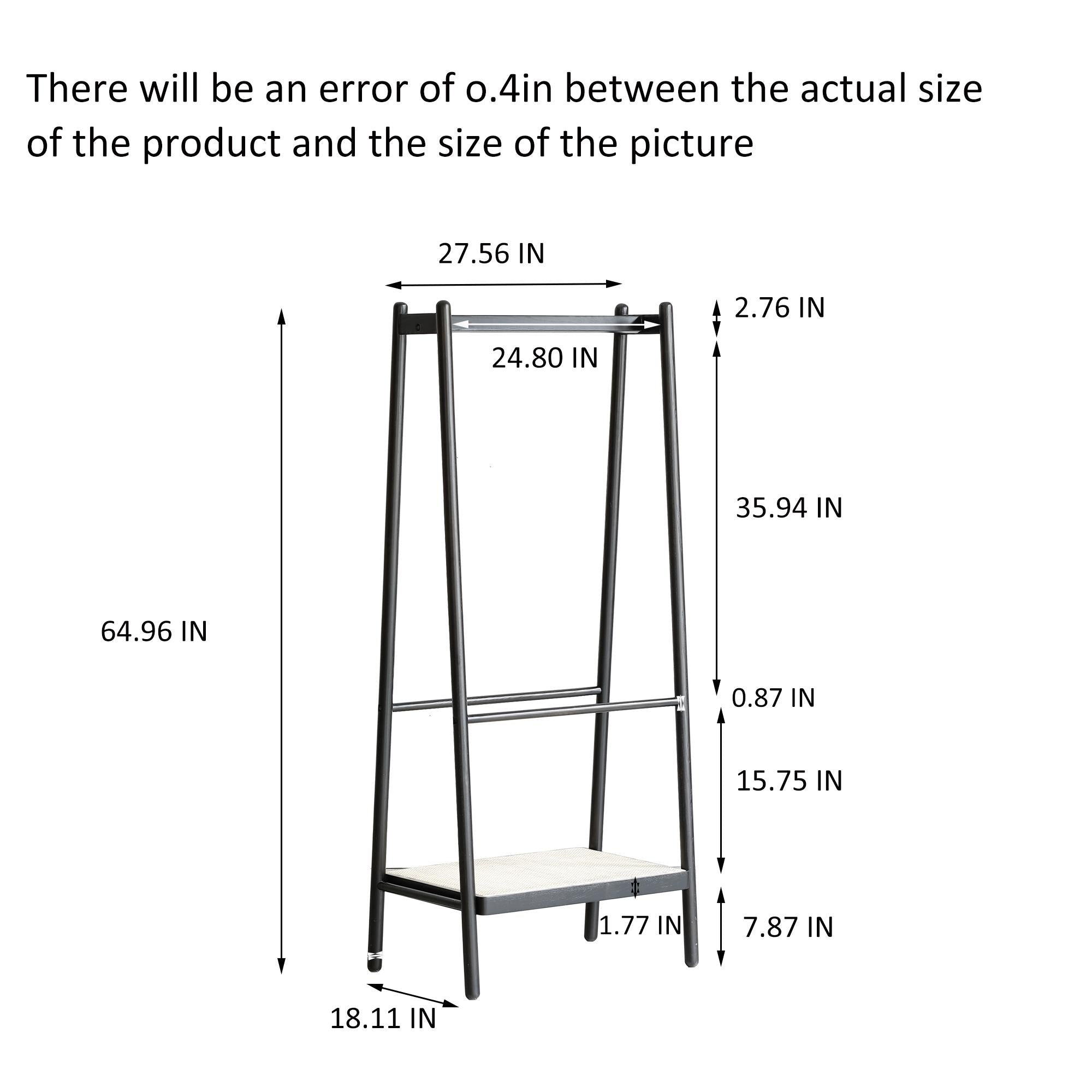 Solid Oak Clothes Rack with Handcrafted Rattan Hangers, Standing Garment Rack for Clothes, Bags & Shoes, 27.5″ L x 18″ W x 65″ H, Black