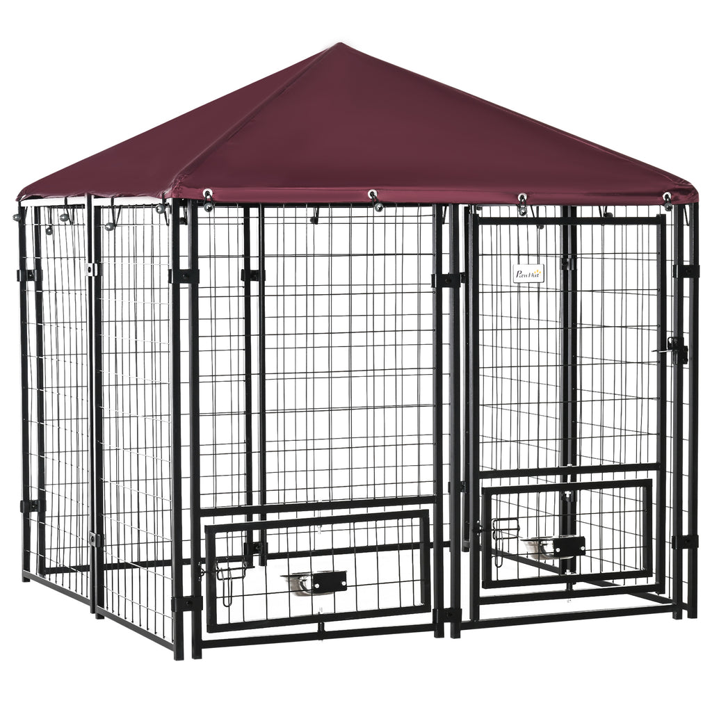Outdoor Dog Kennel with Rotating Bowl Holders, Pet Playpen with Waterproof Cover, 4.6' x 4.6' x 5', Red