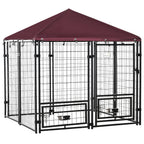 Outdoor Dog Kennel with Rotating Bowl Holders, Pet Playpen with Waterproof Cover, 4.6' x 4.6' x 5', Red