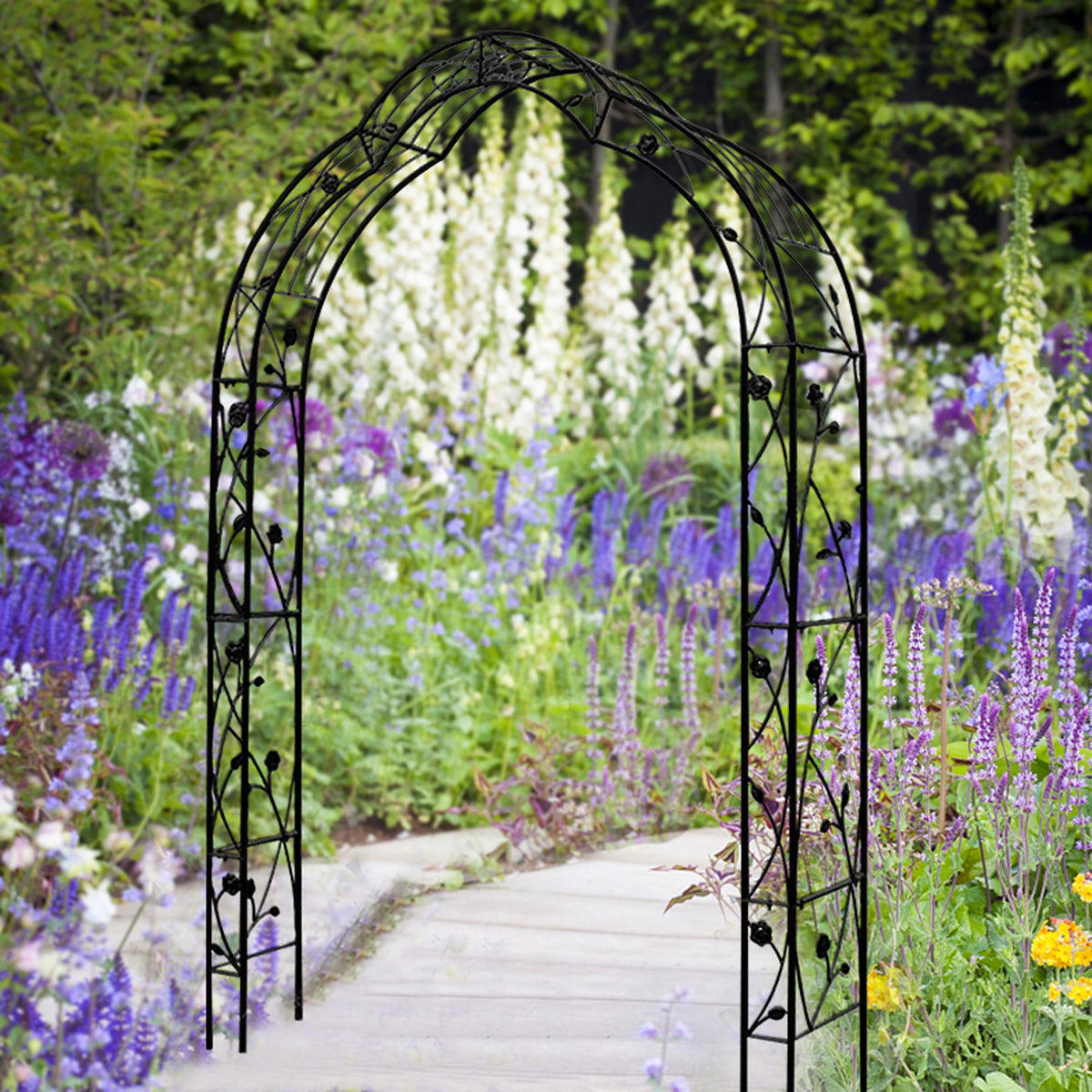 8 Styles Freely Assembled Arch Trellis with Gothic Spire Design, Metal Garden Arbor for Climbing Plants, 59" L x 15.5" W x 98.5" H, Black