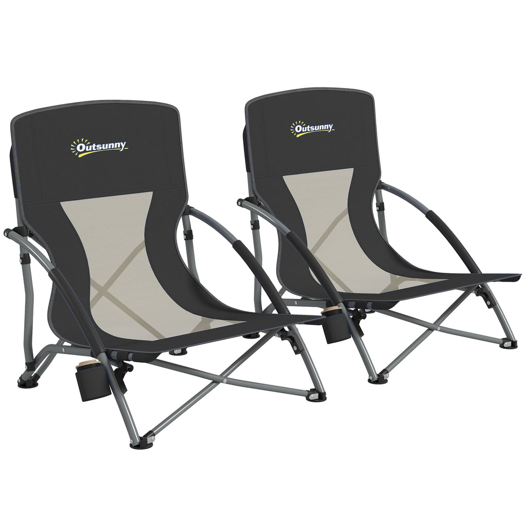 Set of 2 Folding Beach Chairs with Mesh Back, Carry Bag and Cup Holder for Outdoor Camping Lawn Sports Picnic, Black