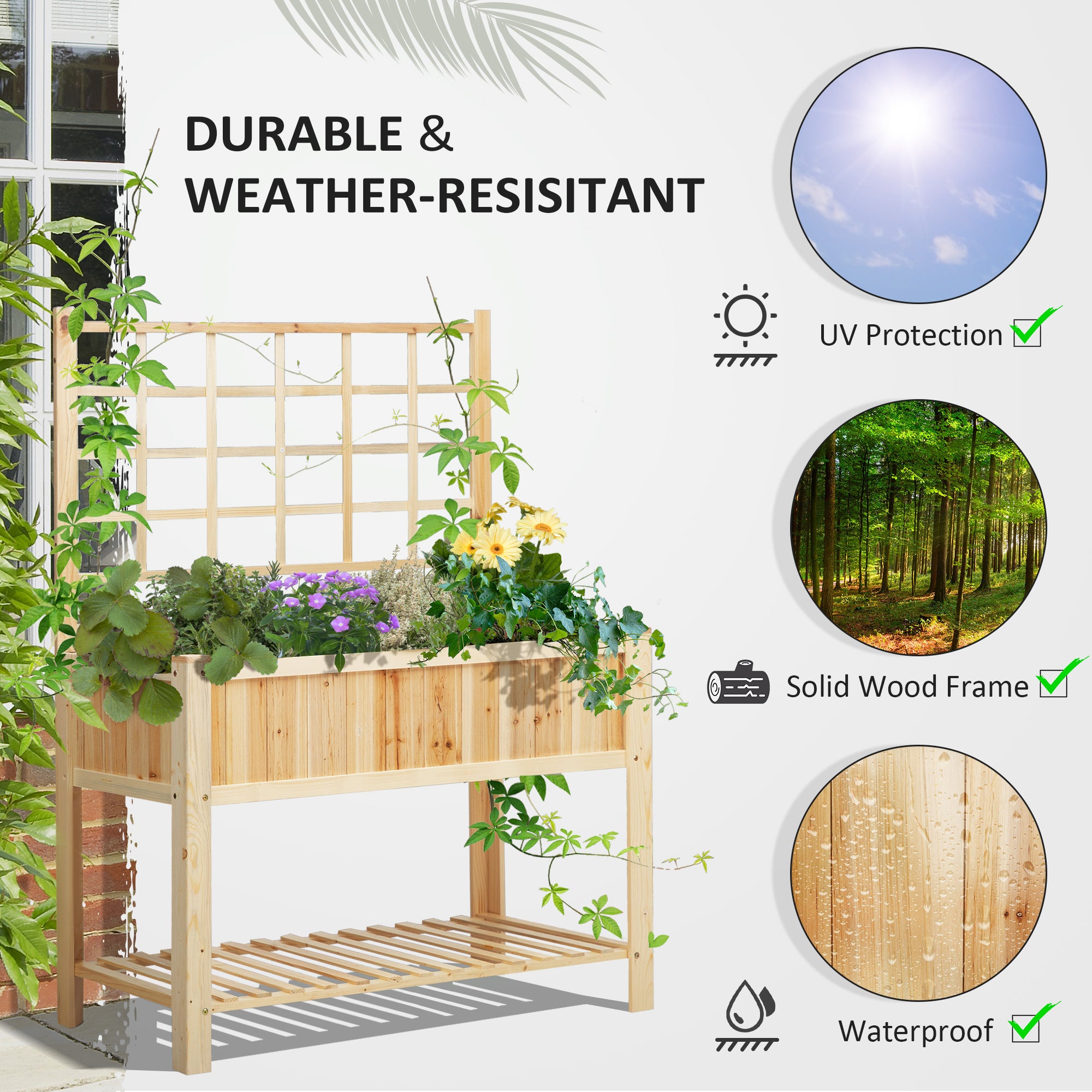 47" Wooden Raised Garden Bed with Trellis, Coutryside Style Elevated Planter Box Stand with Open Storage Shelf, Spacious Planting Area for Vegetables, Herbs, Flowers