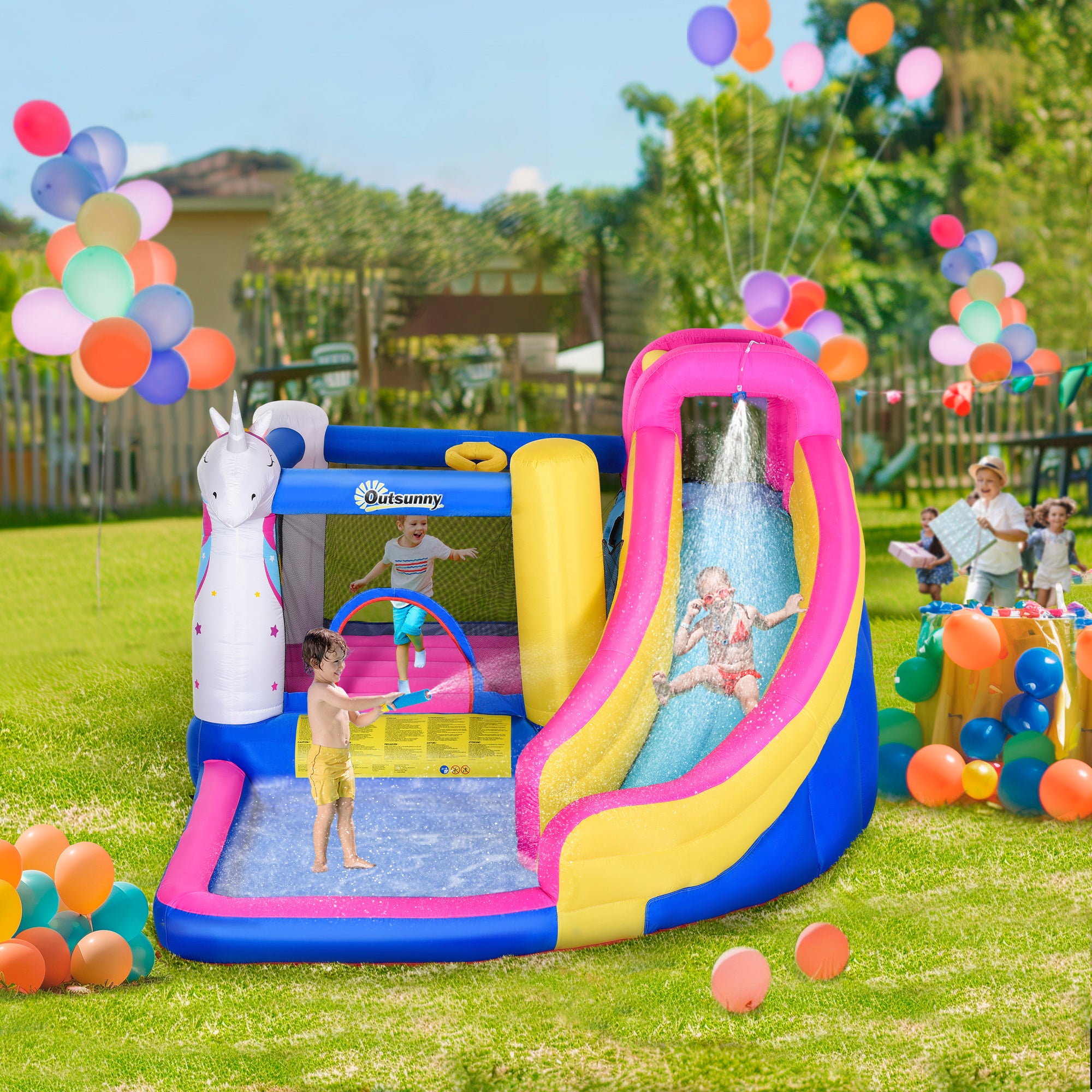 Inflatable Water Slide Bounce House with Trampoline, Climbing Wall, Water Cannon, Basketball Hoop, Splash Pool, 450W Blower, Unicorn Themed Bouncy House for Kids 3-8 Years Old