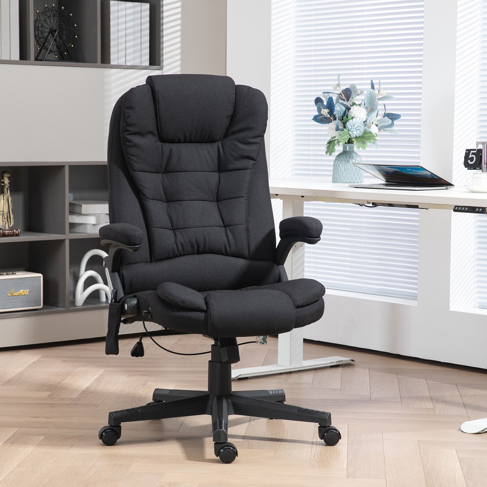 6 Point Vibrating Massage Office Chair with Heat, Linen High Back Massage Desk Chair with Reclining Backrest, Black
