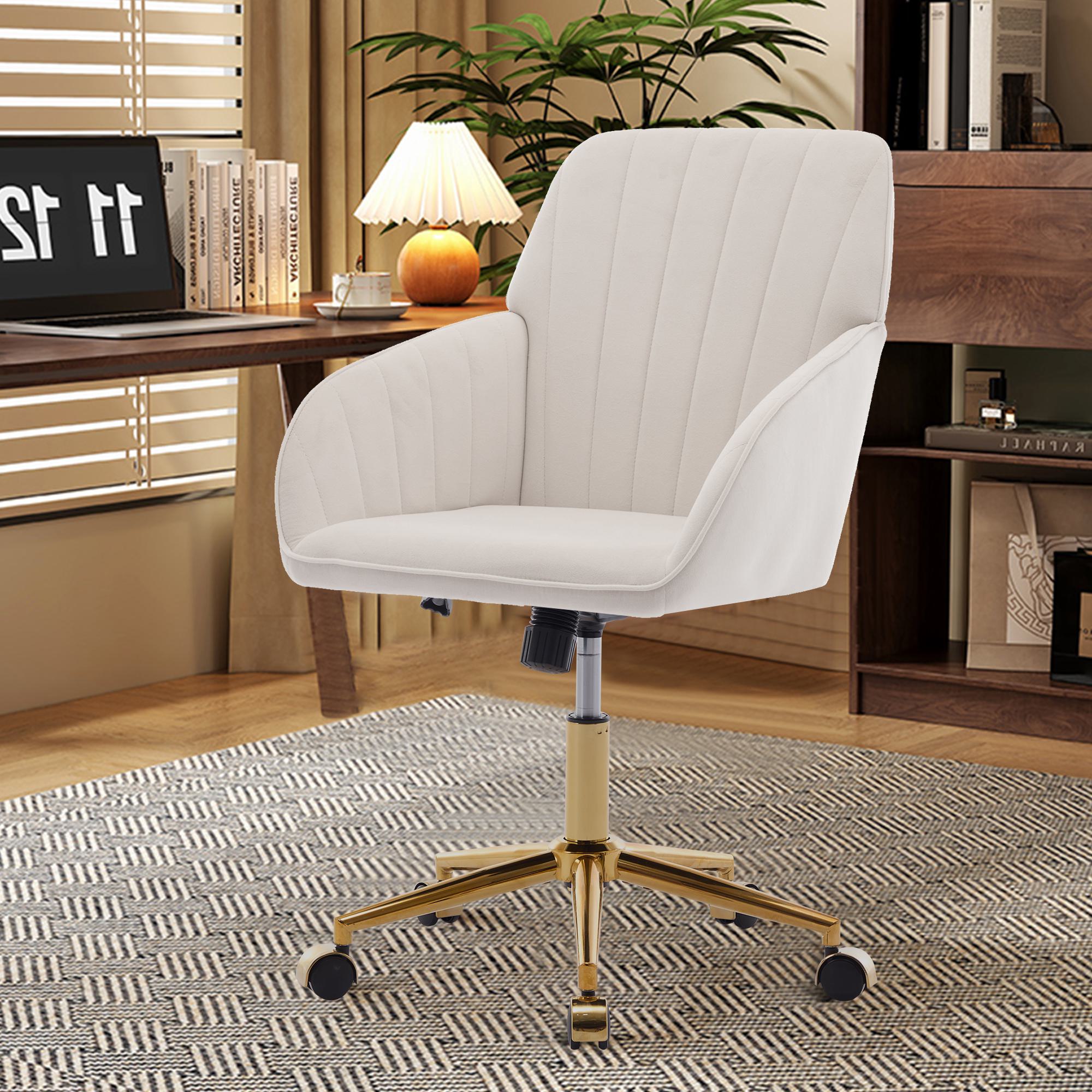 Adjustable Ergonomic Swivel Chair with Velvet Cushion and Lumbar Support, Office Chair with Golden Base, 25" L x 23" W x 38" H, Beige