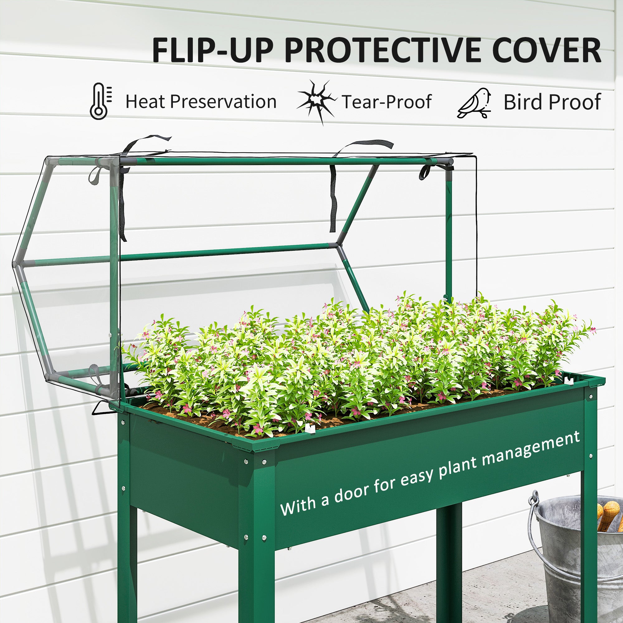 Elevated Garden Box with Greenhouse Cover, Raised Garden Bed with Legs and Drainage Hole for Vegetables, Green
