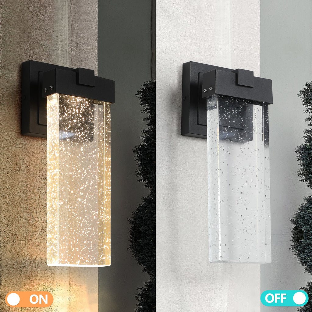 2-Pack Outdoor Wall Light Fixture with Bubble Crystal and Light Sensor, Weatherproof LED Wall Sconce, 12W Per Lamp, 3.5" L x 4.5" W x 12" H, Black