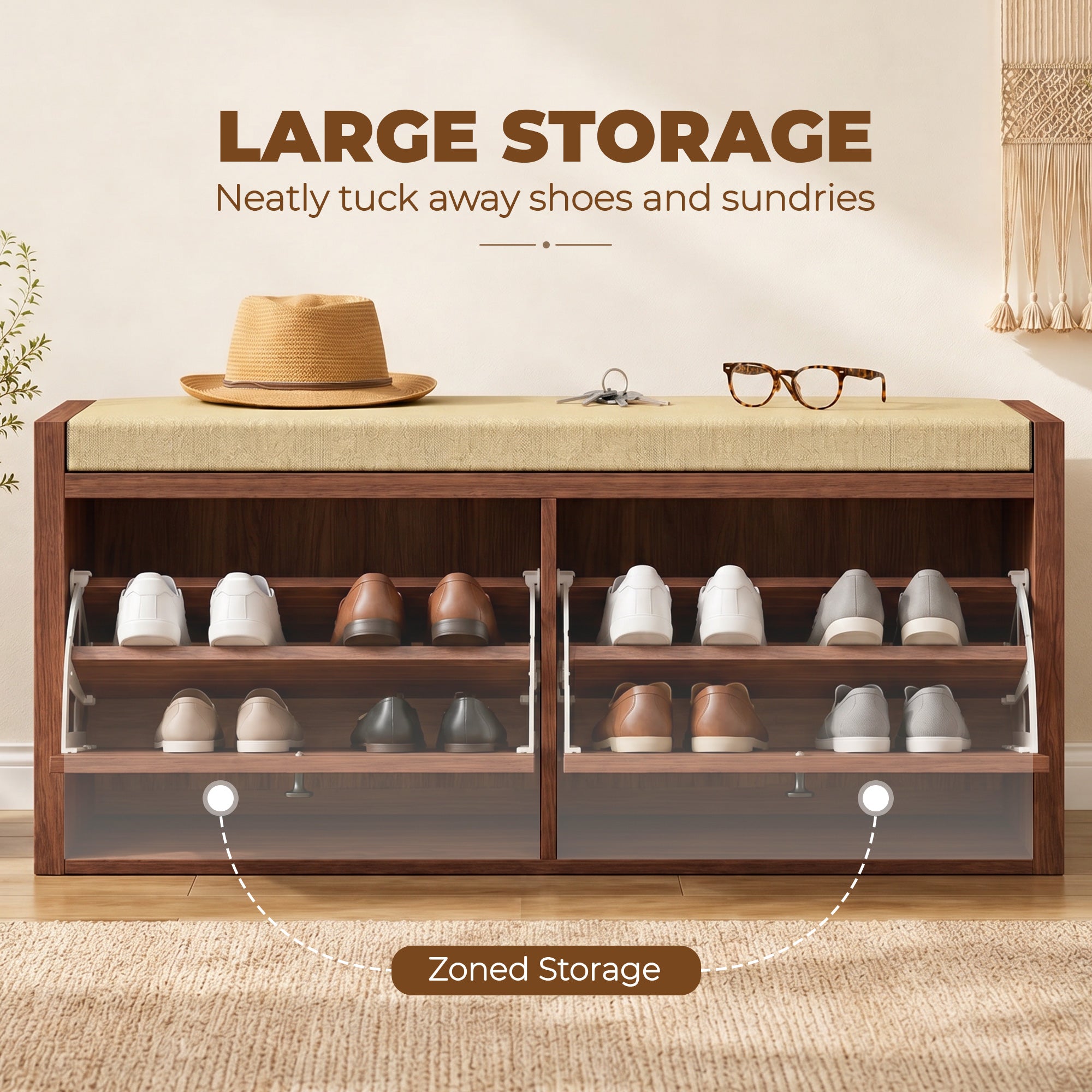 Shoe Storage Bench with Padded Seat, Shoe Storage Bench 2 Rattan Doors for Entryway, Brown