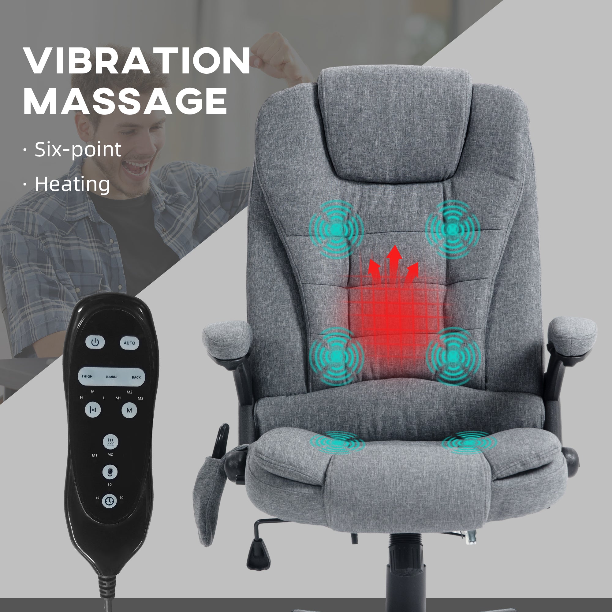 6 Point Vibrating Massage Office Chair with Heat, Linen High Back Massage Desk Chair with Reclining Backrest, Gray