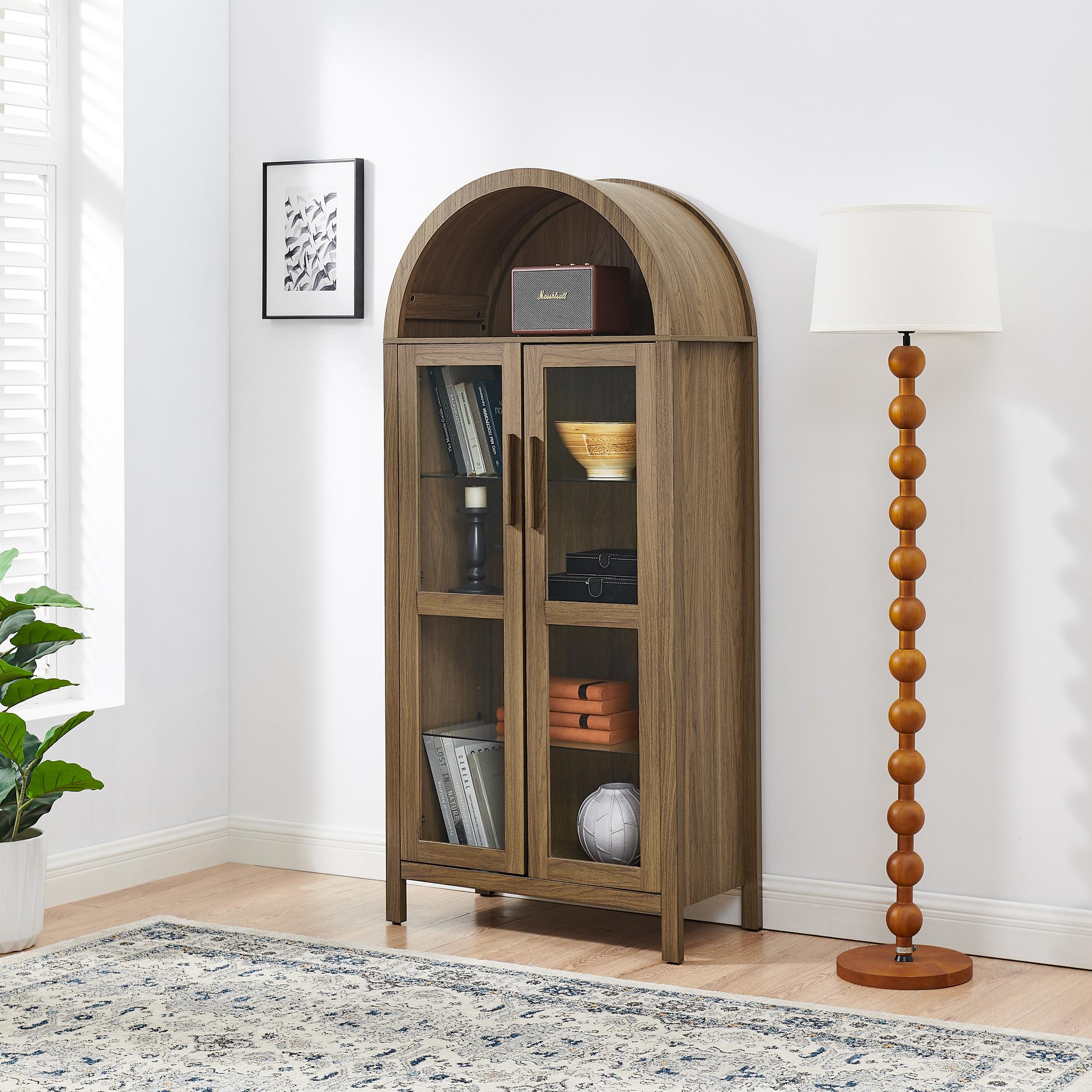 Arched Top Storage Cabinet with LED Light Strip, Adjustable Glass Shelves, Modern Bookcase for Living Room, 30" L x 15.5" W x 67" H, Brown