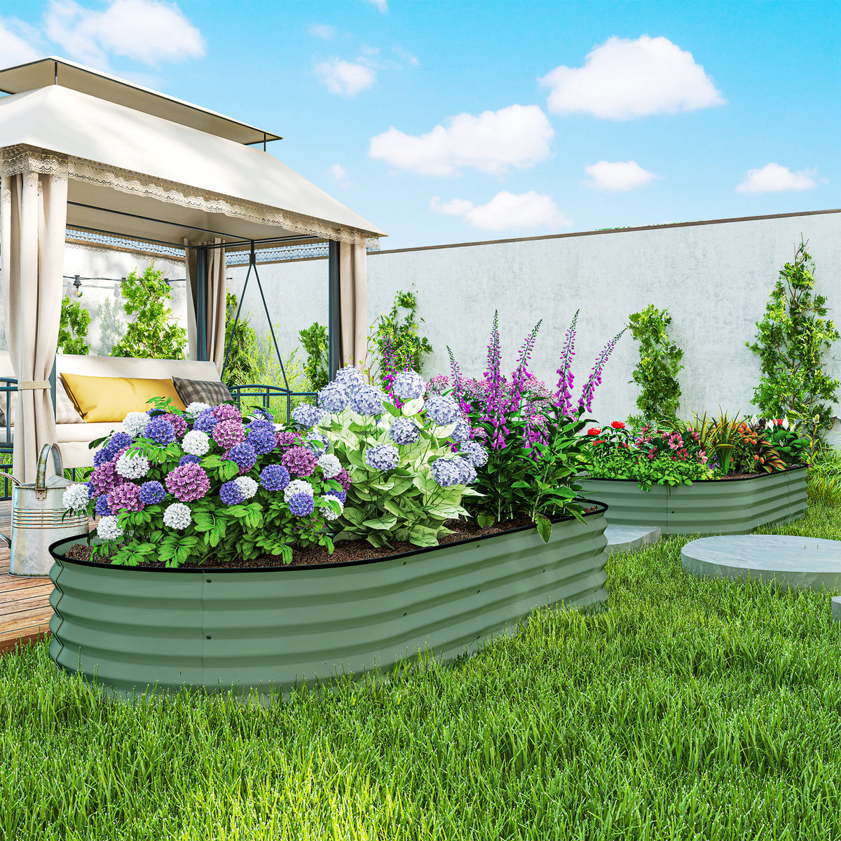 7' x 3' x 1' Raised Garden Bed Set, 2PCS Raised Beds for Gardening with Metal Plant Stakes, Green