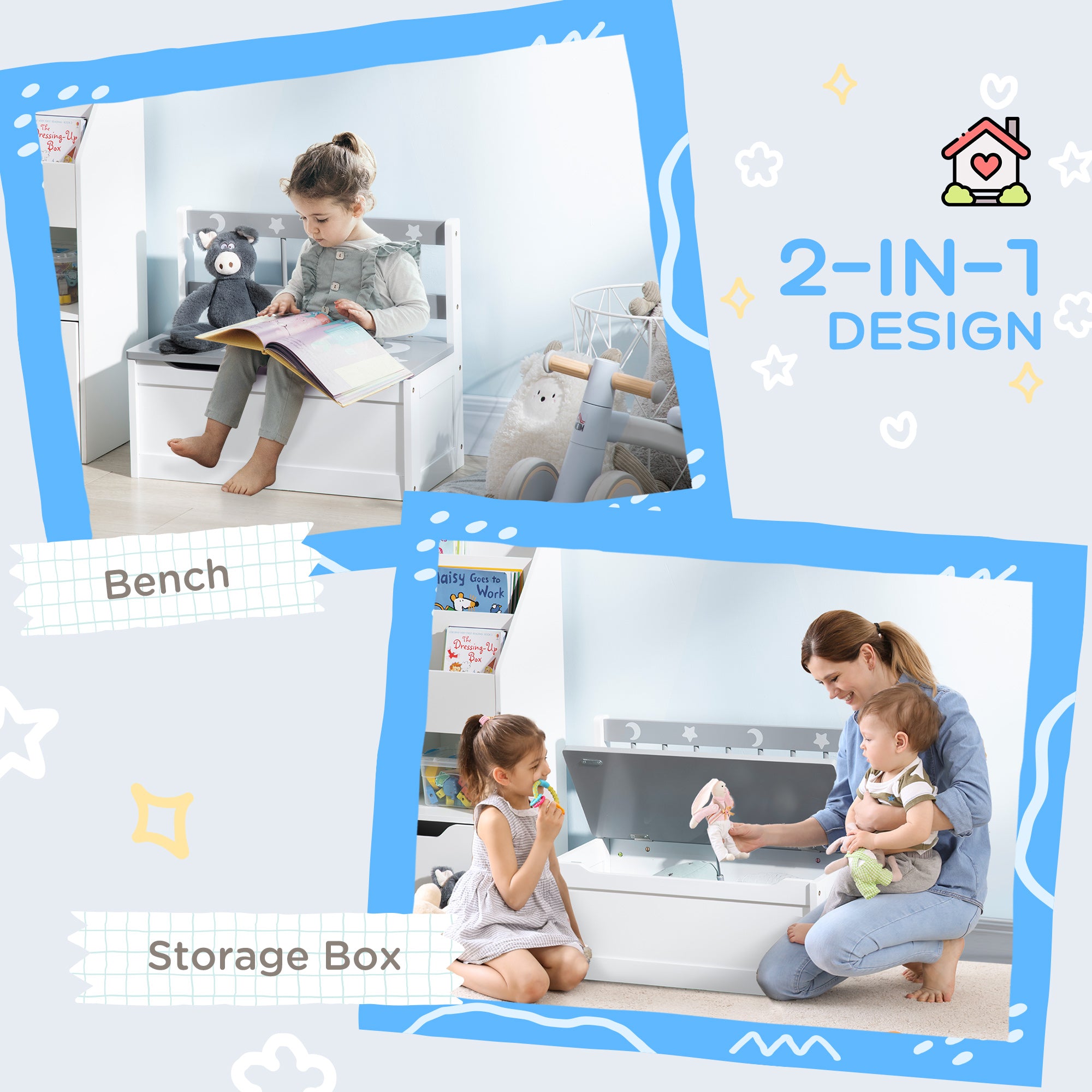 Toddler Toy Box Storage Bench with Large 27 Liter Interior, Kids Storage Bench Seat with Storage for Toddler Playroom Furniture, Kids Bedroom Furniture, Toy Organizer and Storage Bin, Gray